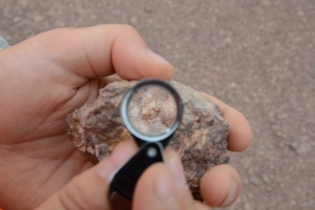 Jemand untersucht mit einer kleinen Lupe ein Gestein