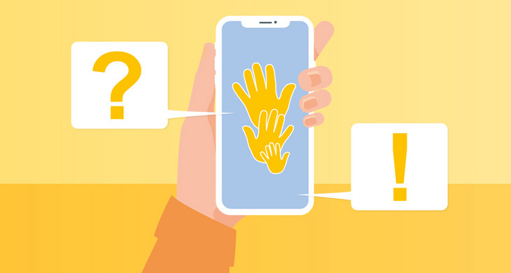 Grafik: Hand mit Handy sowie ein Fragezeichen und ein Ausrufezeichen.