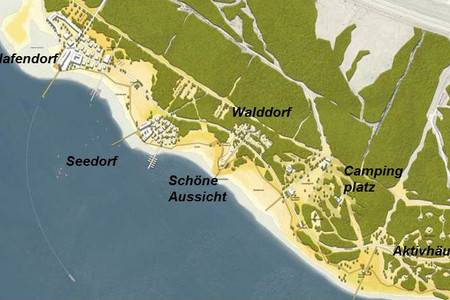 Plan der geplanten Nutzungen am Nordufer des Zwenkauer Sees mit Hafendorf, Seedorf und Badestrand