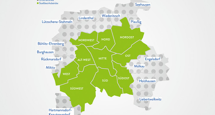 Eine Grafik der Stadt Leipzig. Die Stadtbezirke sind grün hervorgehoben.