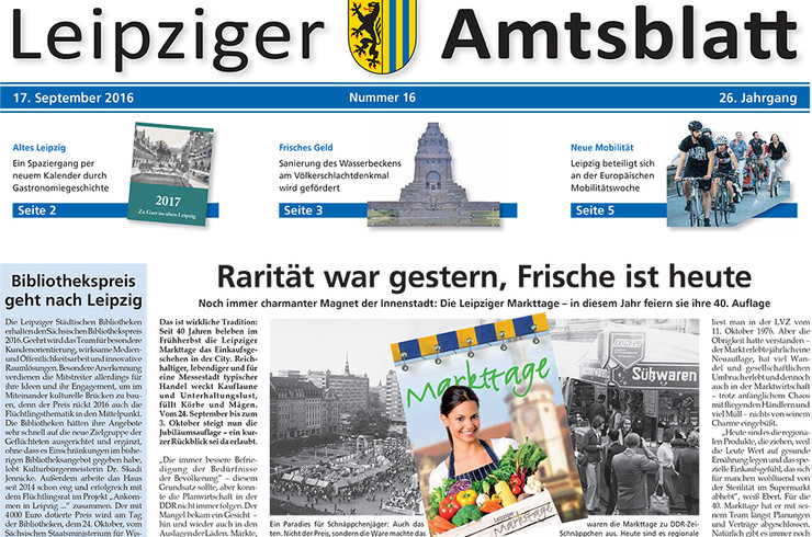 Titelseite des Leipziger Amtsblattes vom 17. September 2016 zeigt das Plakatmotiv der diesjährigen Leipziger Markttage mit einer Frau mit vollem Gemüsekorb und zwei historische Schwarz-Weiß-Fotos aus den Anfängen der Markttage