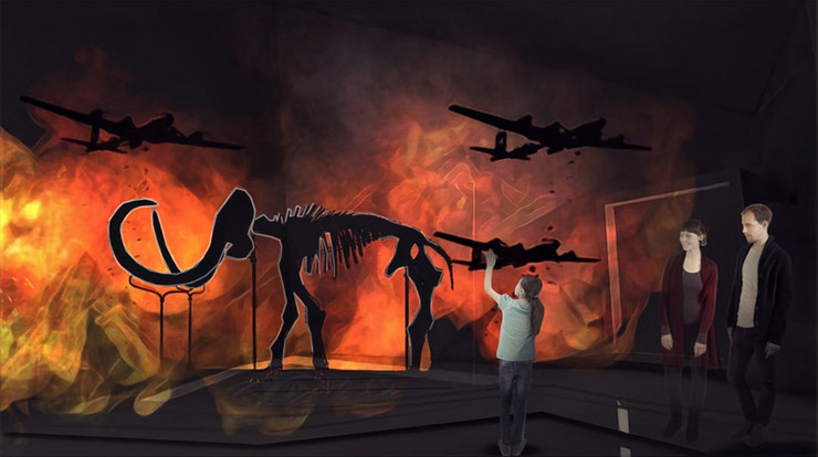 Virtueller Rundgang durch die zukünftige Dauerausstellung mit dem in einer Feuersbrunst befindlichen Mammut