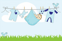 Grafik eines Baby, dass in einem Tuch an einer Wäscheleine hängt.