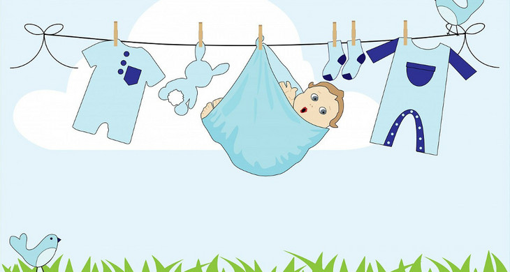 Grafik eines Baby, dass in einem Tuch an einer Wäscheleine hängt.