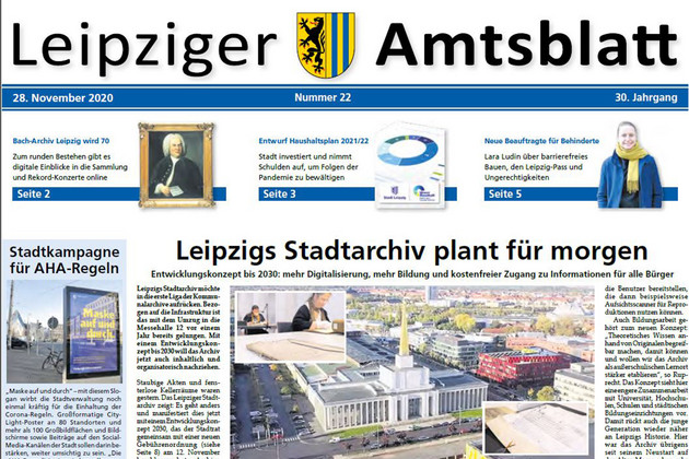 Amtsblatt Nr. 22/2020 vom 28. November 2020 Titelseite mit einem großen Artikel zum Stadtarchiv