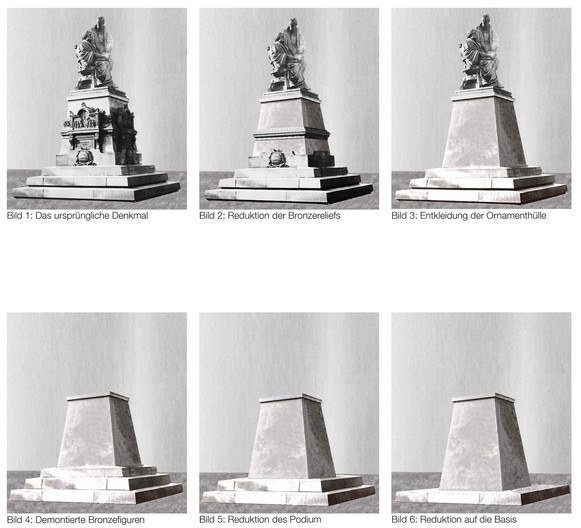 In sechs Bildern wird die Entstehung einer Skultur aus dem historischen Denkmal gezeigt.