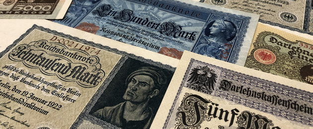 Geldscheine aus der ersten Hälfte des 20. Jahrhunderts mit verschiedenen Motiven