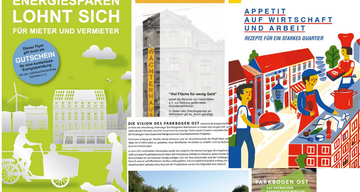 Titel verschiedener Faltblätter und einer Broschüre zum Thema Stadterneuerung