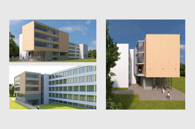 Drei Visualisierungen für den Erweiterungsbau der 91. Grundschule. Ein modernes kastenförmiges Gebäude mit großen durchgängigen Fensterflächen.