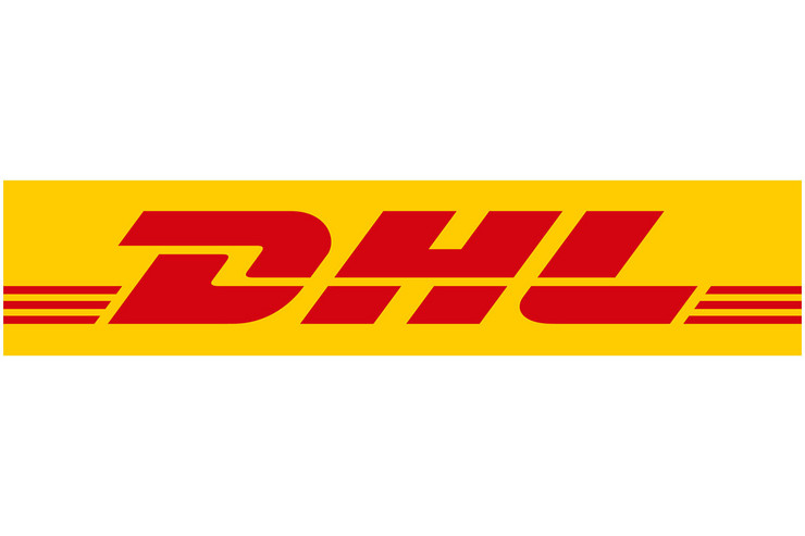 Roter Schriftzug "DHL" auf gelbem Hintergrund