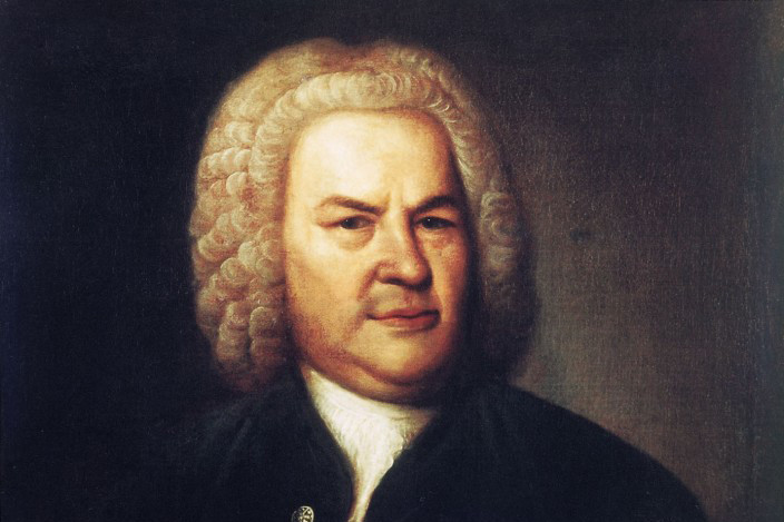 Gemälde von Johann Sebastian Bach mit einem Notenblatt in der Hand.