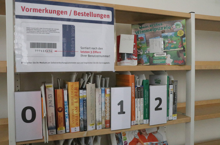 Bücherregal mit Medien die nach Ordnungszahlen null bis zwei geordnet sind