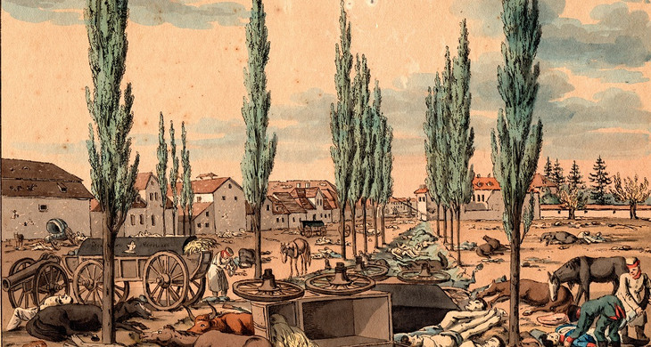 Radierung vom Schlachtfeld vor dem Ranstädter Tor in Leipzig am 20. Oktober 1813.