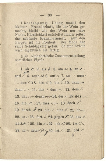 Seite mit Lehrbeispielen aus dem Buch "Vollständiger Lehrgang der vereinfachten deutschen Stenographie"