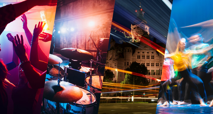 Collage mit feiernden Menschen in einem Club, Schlagzeug, Neues Rathaus bei Nacht und Tänzern auf einer Bühne.