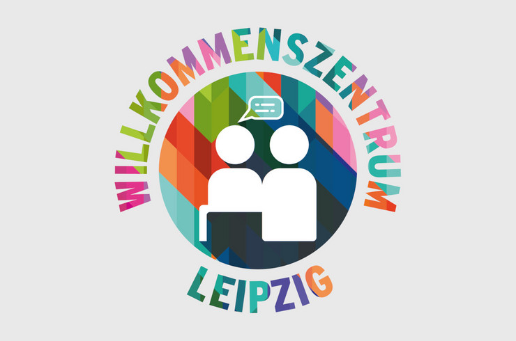 Stilisierte Beratungssituation mit zwei Personen und dem Schriftzug Willkommenszentrum Leipzig