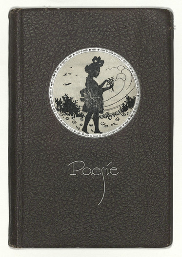 Kunstvoller Einband eines Poesiealbums mit einem Schattenbild eines jungen Mädchens.