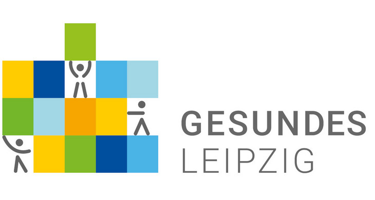 Das Logo Gesundes Leipzig zeigt stilisierte Figuren, die verschiedenfarbige Bausteine übereinander stapeln. Daneben der Schriftzug "Gesundes Leipzig".