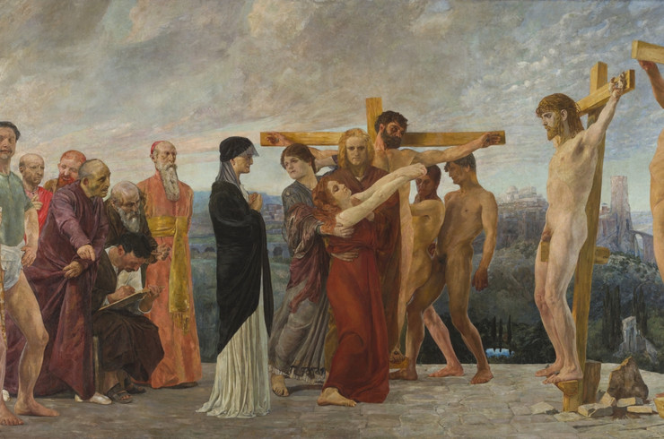 Gemälde der Kreuzigung Christi. Christus nackt dargestellt im rechten Bilddrittel, im Mittelpunkt steht dadurch die Personengruppe der Trauernden.