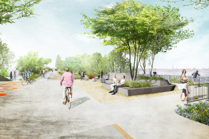 Visualisierung des Gartenpark Nords mit Fußgängern und Radfahrern, Bänken, Bäumen und Blumen