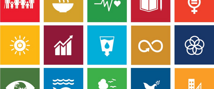 Die 15 globalen Nachhaltigkeitsziele werden mit bunten, quadratischen Piktogrammen dargestellt