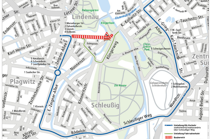 Stadtplan mit eingezeichneter Umleitungsstrecke für die Baumaßnahme Plagwitzer Brücke und Karl-Heine-Straße