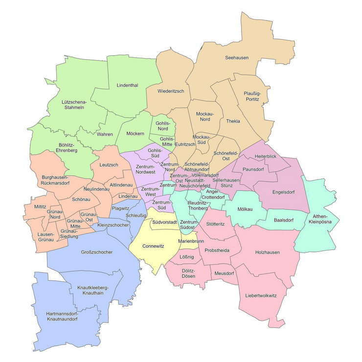 Eine Übersichtskarte des Stadtgebiets mit farbiger Darstellung der Zuständigkeitsbereiche der Stadtbezirkskonservatorinnen und Stadtbezirkskonservatoren der Abteilung Denkmalpflege