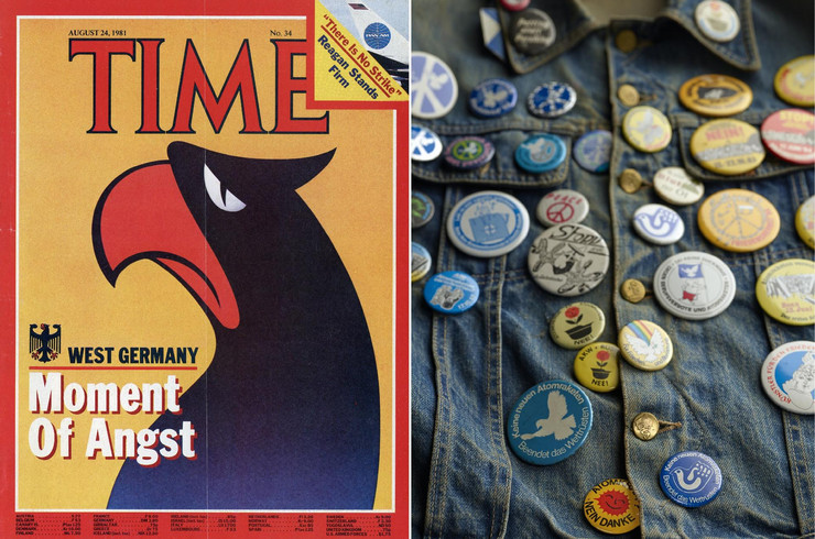 Zwei aneinander gereihte Bilder: Titelbild der Zeitschrift "Times" mit schwarzem Adler und Überschrift "Moment of Angst" und ein Foto von zahlreichen Anstecknadeln mit politischen Themen auf einer Jeans-Jacke