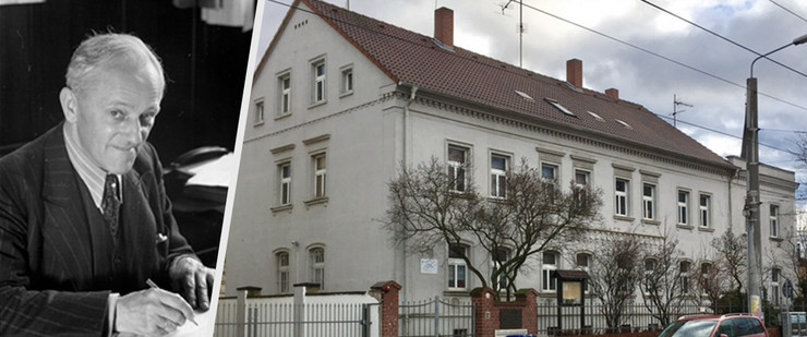 Fotocollage mit einem Bildnis Erich-Zeigners um 1946 und einer Ansicht des Erich-Zeigner-Hauses