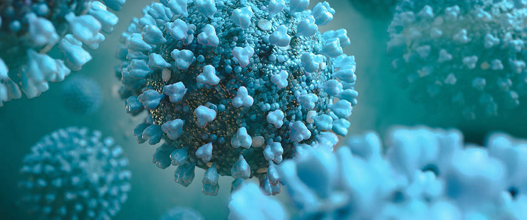 Computeranimation eines kugeligen Cornaviruses mit vielen Zapfen.