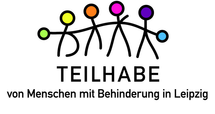 Logo Teilhabe von Menschen mit Behinderung in Leipzig gestalten. Vier Menschen aus Strichen stehen nebeneinander und fassen sich an den Händen.
