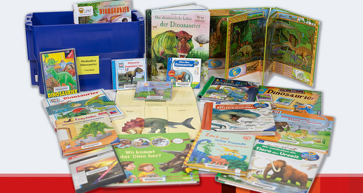 Inhalt der Medienbox ausgebreitet, verschiedene Bücher, CDs und DVDs zum Thema Dinosaurier