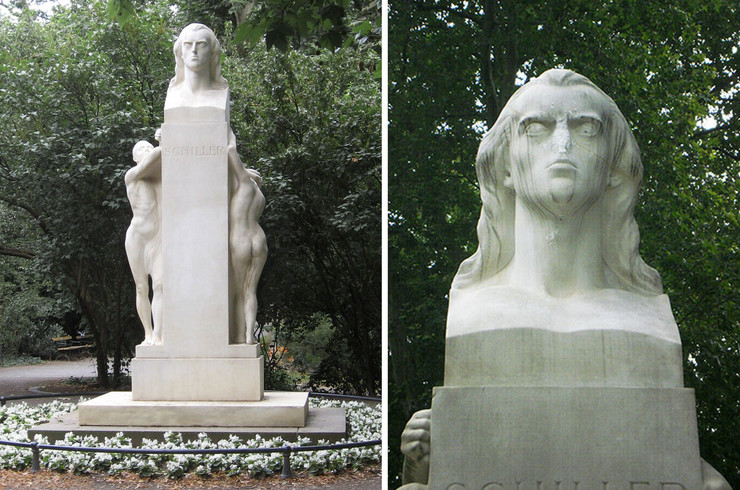 Zwei Bilder eines weißen Denkmals (eine Büste von Schiller auf einem Sockel, der links und rechts von zwei nackten Figuren gestützt wird): links ohne Beschädigung, rechts Nahaufnahme von Schillers Gesicht mit abgebrochener Nase 