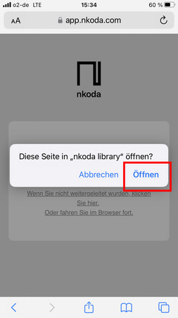 Bildschirmfoto der Bestätigungsseite mit einer roten Markierung um den Button "Öffnen".