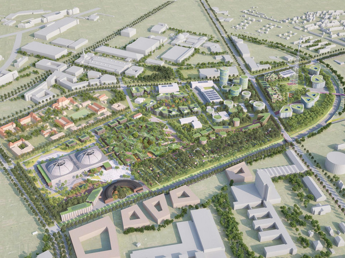 Entwurf der Gebäudeanordnung für das neue Stadtquartier an der Alten Messe West aus der Vogelperspektive