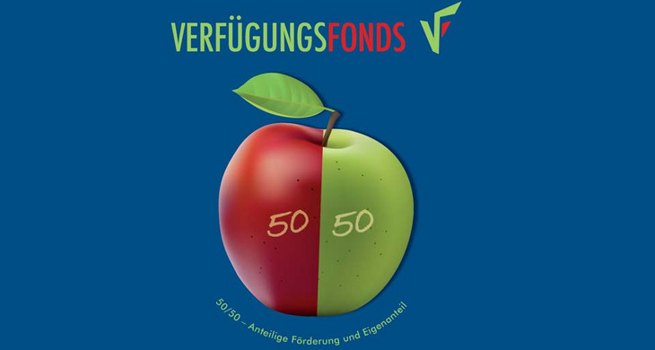 Apfelgrafik mit grüner und roter Hälfte symbolisiert die 50prozentige Förderung