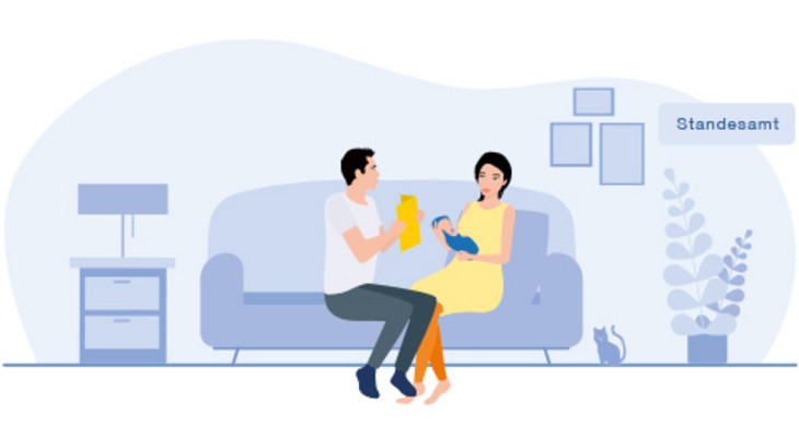 Eine Zeichnung zeigt ein Paar mit Baby auf einer Couch.