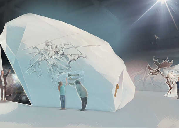 Visualisierung eines begehbaren Eisblocks. An der Außenseite eine Zeichnung von Menschen mit Speeren. Im Hintergrund ein urzeitliches Hirschskelett.