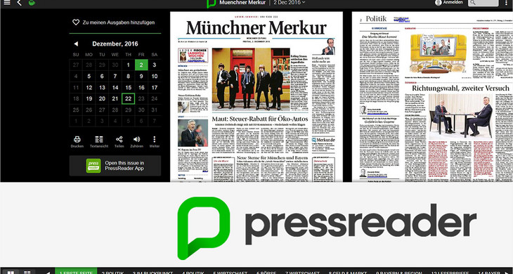 Bildschirmfoto vom Presseportal Pressreader mit Zeitung in Originallayout, darunter Logo-Schriftzug Pressreader