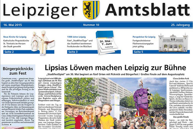 Titelseite des Leipziger Amtsblattes vom 16. Mai 2015 zeigt eine Visualisierung mit Menschen beim "StadtFestSpiel"