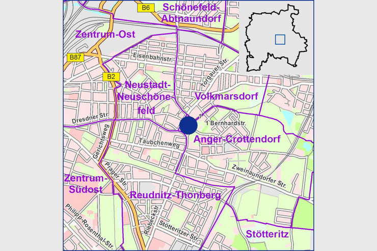 Stadtplan von Leipzig mit Markierung des Baugrundstückes für geförderten Wohnungsbau in der Bernhardstraße in 04315 Leipzig