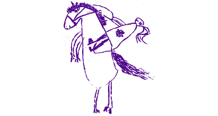 Auf weißem Hintergrund wurde von einem Kind ein Mädchen gemalt, welches auf einem Pferd reitet. Das Pferd steht auf den Hinterbeinen, die Vorderbeine sind in die Höhe gestellt.