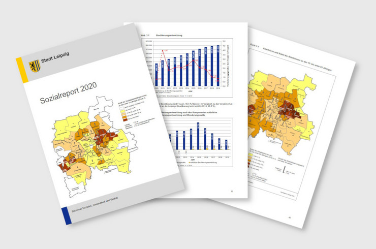 Titelblatt des Sozailreports 2020 und zwei Seiten daraus mit Statistiken (zwei Balkendiagramme, ein Umriss von Leipzig mit unterschiedlich eingefärbten Stadtteilen)