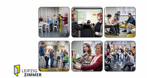 Sechs kleine Bilder mit Veranstaltungen im LeipzigZimmer. Menschen lesen gemeinsam, reden miteinander und führen Workshops durch.