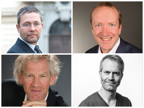 Collage der Porträts der Kandidaten für das Thomaskantorat mit Matthias Jung, Clemens Flämig, Markus Teutschbein und Markus Langer