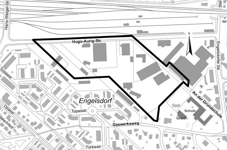 Stadtplanausschnitt mit markiertem Geltungsbereich der Flächennutzungsplan-Änderung