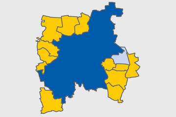 Umriss von Leipzig mit unterschiedlich farbig markierten Stadtteilen