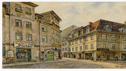 Ein gemaltes Bild vom ersten Bestattungsunternehmen in Leipzig.