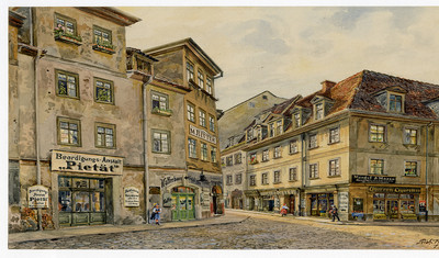 Ein gemaltes Bild vom ersten Bestattungsunternehmen in Leipzig.