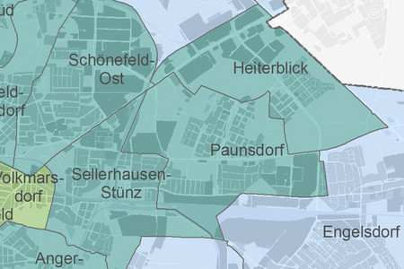 Auf einer Karte werden die Ortsteile Schönefeld-Ost, Heiterblick, Paunsdorf und Sellerhausen-Stünz gezeigt